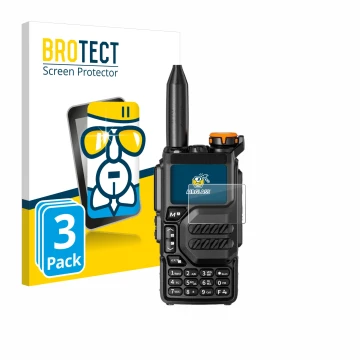 Parte frontal de un envase de producto con el logotipo de la marca BROTECT. Al lado se muestra el dispositivo Quansheng UV-K5 