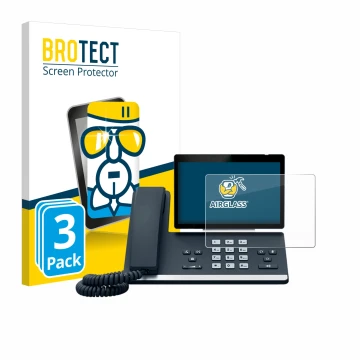 Parte frontal de un envase de producto con el logotipo de la marca BROTECT. Al lado se muestra el dispositivo Yealink SIP-T57W