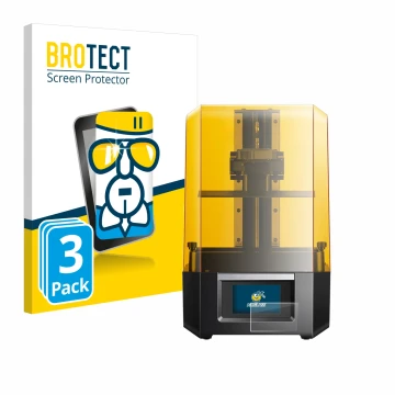 Parte frontal de un envase de producto con el logotipo de la marca BROTECT. Al lado se muestra el dispositivo Anycubic Photon 