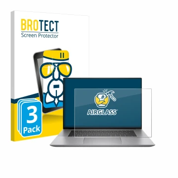 Parte frontal de un envase de producto con el logotipo de la marca BROTECT. Al lado se muestra el dispositivo HP Zbook Studio 