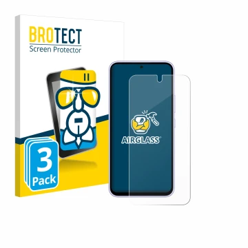 Parte frontal de un envase de producto con el logotipo de la marca BROTECT. Al lado se muestra el dispositivo Samsung Galaxy A