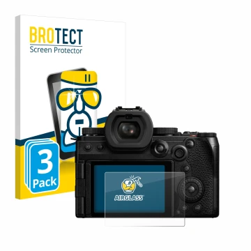 Parte frontal de un envase de producto con el logotipo de la marca BROTECT. Al lado se muestra el dispositivo Panasonic Lumix 