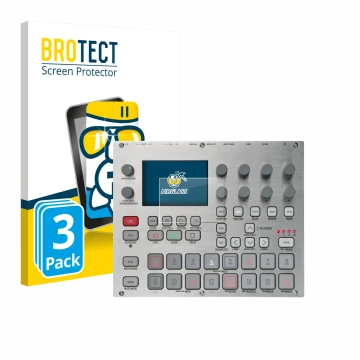Parte frontal de un envase de producto con el logotipo de la marca BROTECT. Al lado se muestra el dispositivo Elektron Syntakt