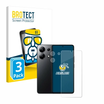 Parte frontal de un envase de producto con el logotipo de la marca BROTECT. Al lado se muestra el dispositivo Xiaomi Redmi Not