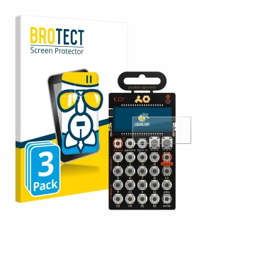 Parte frontal de un envase de producto con el logotipo de la marca BROTECT. Al lado se muestra el dispositivo Teenage Engineer