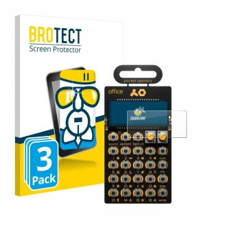 Parte frontal de un envase de producto con el logotipo de la marca BROTECT. Al lado se muestra el dispositivo Teenage Engineer