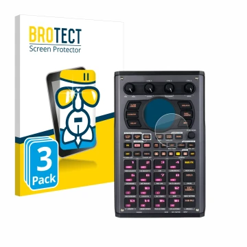 Parte frontal de un envase de producto con el logotipo de la marca BROTECT. Al lado se muestra el dispositivo Roland SP-404MKI