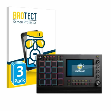 Parte frontal de un envase de producto con el logotipo de la marca BROTECT. Al lado se muestra el dispositivo Akai MPC Live II