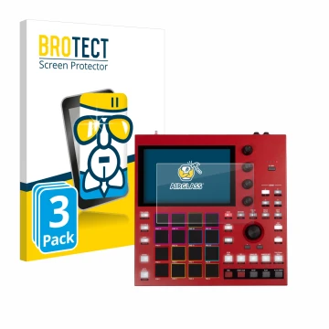 Parte frontal de un envase de producto con el logotipo de la marca BROTECT. Al lado se muestra el dispositivo Akai MPC One+ co