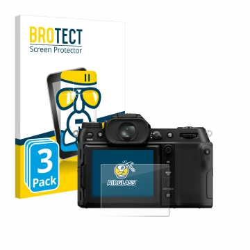 Parte frontal de un envase de producto con el logotipo de la marca BROTECT. Al lado se muestra el dispositivo Fujifilm GFX100S