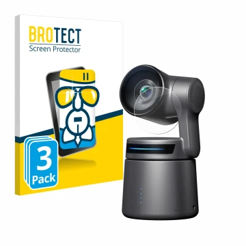 Parte frontal de un envase de producto con el logotipo de la marca BROTECT. Al lado se muestra el dispositivo OBSBOT Tail Air 