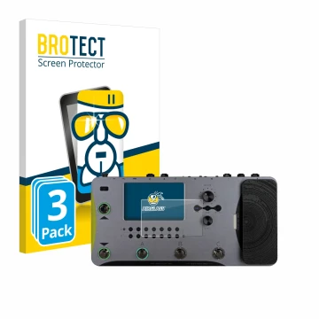 Parte frontal de un envase de producto con el logotipo de la marca BROTECT. Al lado se muestra el dispositivo Mooer GE1000 con