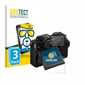 Parte frontal de un envase de producto con el logotipo de la marca BROTECT. Al lado se muestra el dispositivo Fujifilm GFX100S