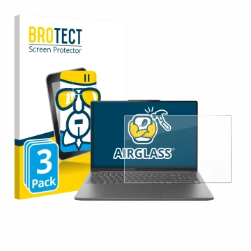 Parte frontal de un envase de producto con el logotipo de la marca BROTECT. Al lado se muestra el dispositivo Lenovo Yoga Pro 