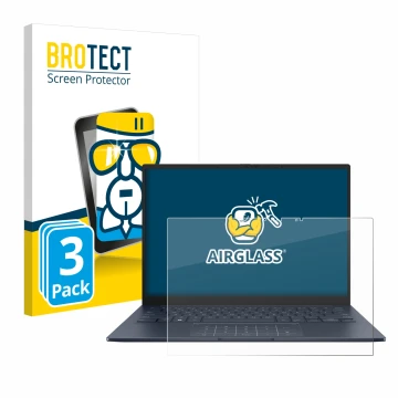 Parte frontal de un envase de producto con el logotipo de la marca BROTECT. Al lado se muestra el dispositivo ASUS ZenBook 14 