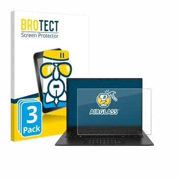 Parte frontal de un envase de producto con el logotipo de la marca BROTECT. Al lado se muestra el dispositivo ASUS ZenBook 14 