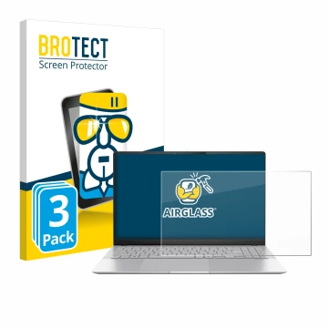 Parte frontal de un envase de producto con el logotipo de la marca BROTECT. Al lado se muestra el dispositivo ASUS Vivobook S 