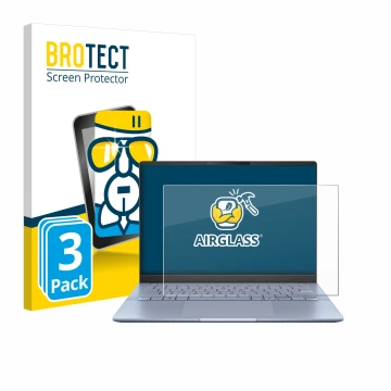 Parte frontal de un envase de producto con el logotipo de la marca BROTECT. Al lado se muestra el dispositivo ASUS Vivobook S 