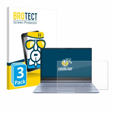 Parte frontal de un envase de producto con el logotipo de la marca BROTECT. Al lado se muestra el dispositivo ASUS Vivobook S 