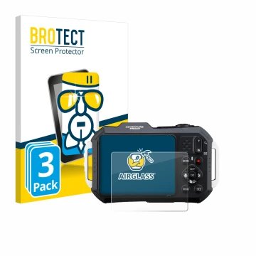Parte frontal de un envase de producto con el logotipo de la marca BROTECT. Al lado se muestra el dispositivo Ricoh Pentax WG-