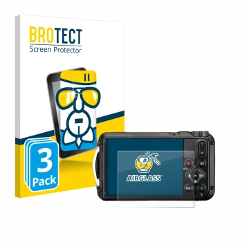 Parte frontal de un envase de producto con el logotipo de la marca BROTECT. Al lado se muestra el dispositivo Ricoh Pentax WG-