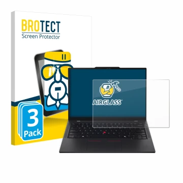 Parte frontal de un envase de producto con el logotipo de la marca BROTECT. Al lado se muestra el dispositivo Lenovo ThinkPad 