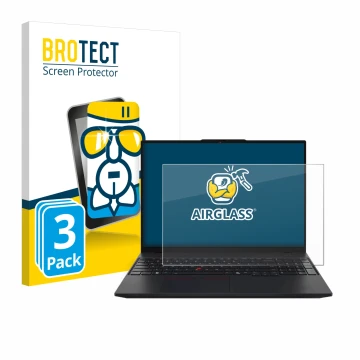 Parte frontal de un envase de producto con el logotipo de la marca BROTECT. Al lado se muestra el dispositivo Lenovo ThinkPad 