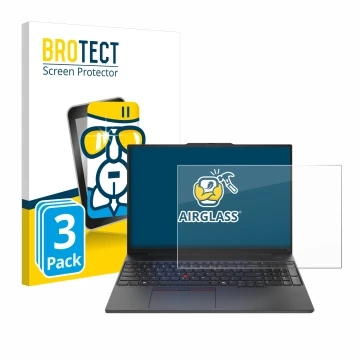 Parte frontal de un envase de producto con el logotipo de la marca BROTECT. Al lado se muestra el dispositivo Lenovo ThinkPad 
