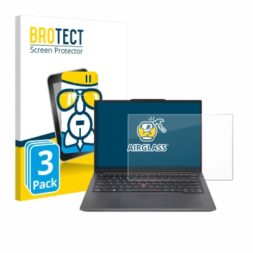 Parte frontal de un envase de producto con el logotipo de la marca BROTECT. Al lado se muestra el dispositivo Lenovo ThinkPad 