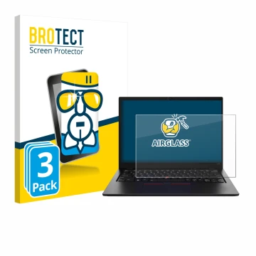 Parte frontal de un envase de producto con el logotipo de la marca BROTECT. Al lado se muestra el dispositivo Lenovo ThinkPad 