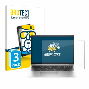 Parte frontal de un envase de producto con el logotipo de la marca BROTECT. Al lado se muestra el dispositivo HP EliteBook 845