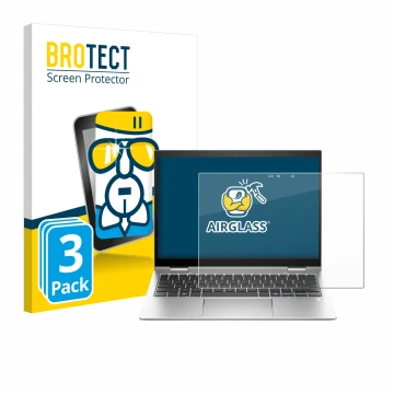 Parte frontal de un envase de producto con el logotipo de la marca BROTECT. Al lado se muestra el dispositivo HP Elite x360 83