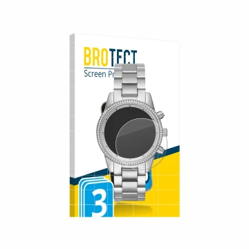 Parte frontal de un envase de producto con el logotipo de la marca BROTECT. Al lado se muestra el dispositivo Michael Kors Rit