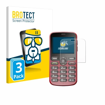 Parte frontal de un envase de producto con el logotipo de la marca BROTECT. Al lado se muestra el dispositivo Doro 1880 con su