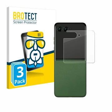 Parte frontal de un envase de producto con el logotipo de la marca BROTECT. Al lado se muestra el dispositivo Motorola Razr 50