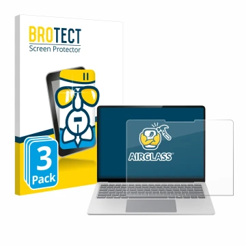 Parte frontal de un envase de producto con el logotipo de la marca BROTECT. Al lado se muestra el dispositivo Microsoft Surfac