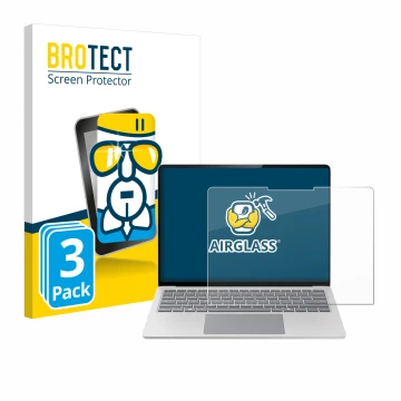 Parte frontal de un envase de producto con el logotipo de la marca BROTECT. Al lado se muestra el dispositivo Microsoft Surfac