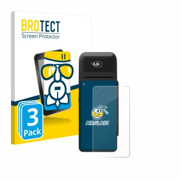 Parte frontal de un envase de producto con el logotipo de la marca BROTECT. Al lado se muestra el dispositivo Verifone T650c c