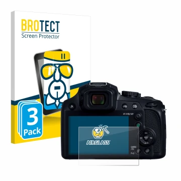 Parte frontal de un envase de producto con el logotipo de la marca BROTECT. Al lado se muestra el dispositivo Panasonic Lumix 