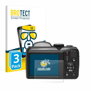 Parte frontal de un envase de producto con el logotipo de la marca BROTECT. Al lado se muestra el dispositivo Kodak Pixpro AZ2