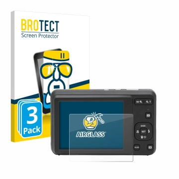 Parte frontal de un envase de producto con el logotipo de la marca BROTECT. Al lado se muestra el dispositivo Kodak Pixpro FZ5