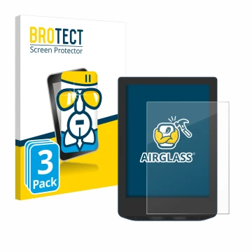 Parte frontal de un envase de producto con el logotipo de la marca BROTECT. Al lado se muestra el dispositivo PocketBook Verse