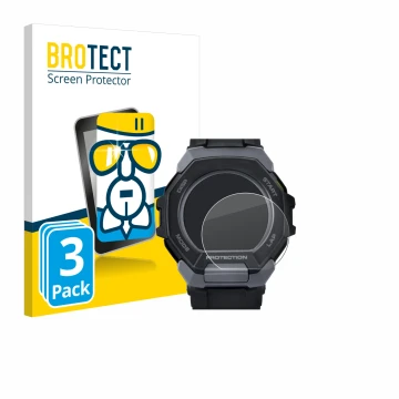 Parte frontal de un envase de producto con el logotipo de la marca BROTECT. Al lado se muestra el dispositivo Casio G-Shock G-