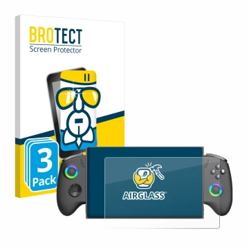 Parte frontal de un envase de producto con el logotipo de la marca BROTECT. Al lado se muestra el dispositivo OneXPlayer X1 Mi