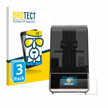Parte frontal de un envase de producto con el logotipo de la marca BROTECT. Al lado se muestra el dispositivo Anycubic Photon 