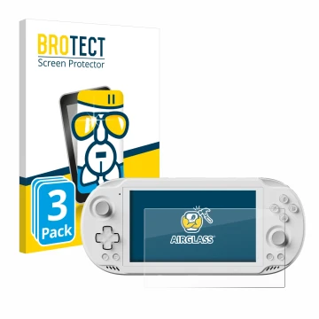 Parte frontal de un envase de producto con el logotipo de la marca BROTECT. Al lado se muestra el dispositivo AYN Odin 2 Mini 