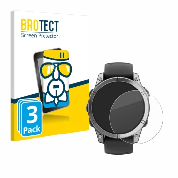 Parte frontal de un envase de producto con el logotipo de la marca BROTECT. Al lado se muestra el dispositivo Garmin Fenix E c