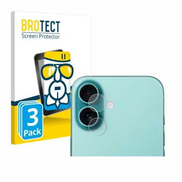 Parte frontal de un envase de producto con el logotipo de la marca BROTECT. Al lado se muestra el dispositivo Apple iPhone 16 