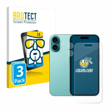 Parte frontal de un envase de producto con el logotipo de la marca BROTECT. Al lado se muestra el dispositivo Apple iPhone 16 