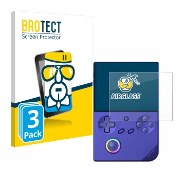 Parte frontal de un envase de producto con el logotipo de la marca BROTECT. Al lado se muestra el dispositivo Anbernic RG40XXV
